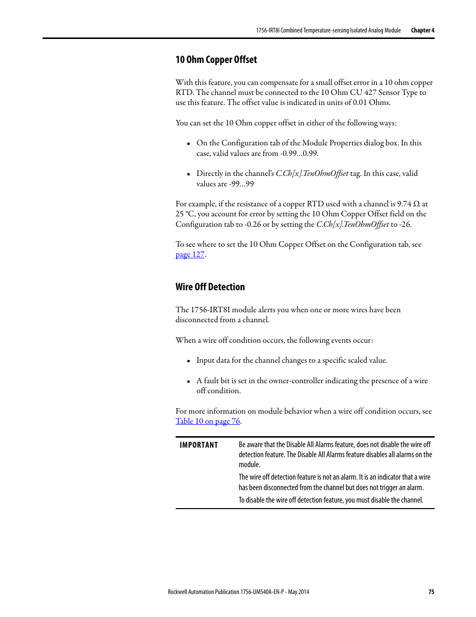 10 ohm copper offset, Wire off detection, 10 ohm copper offset wire off detection | Rockwell Automation 1756-OF8I ControlLogix Eight-channel Isolated Analog I/O Modules  User Manual | Page 75 / 208