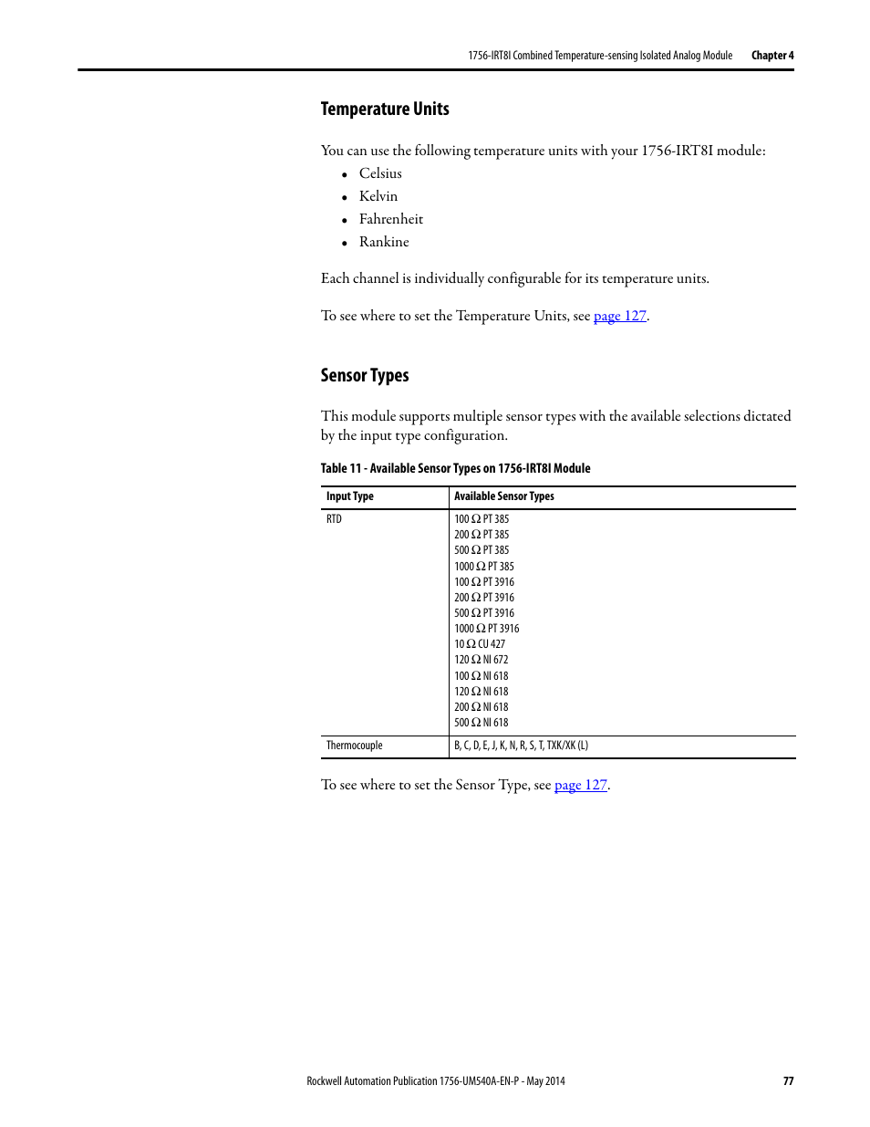 Temperature units, Sensor types, Temperature units sensor types | Rockwell Automation 1756-OF8I ControlLogix Eight-channel Isolated Analog I/O Modules  User Manual | Page 77 / 208