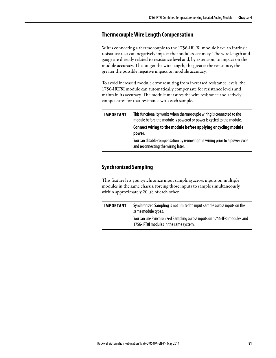 Thermocouple wire length compensation, Synchronized sampling | Rockwell Automation 1756-OF8I ControlLogix Eight-channel Isolated Analog I/O Modules  User Manual | Page 81 / 208