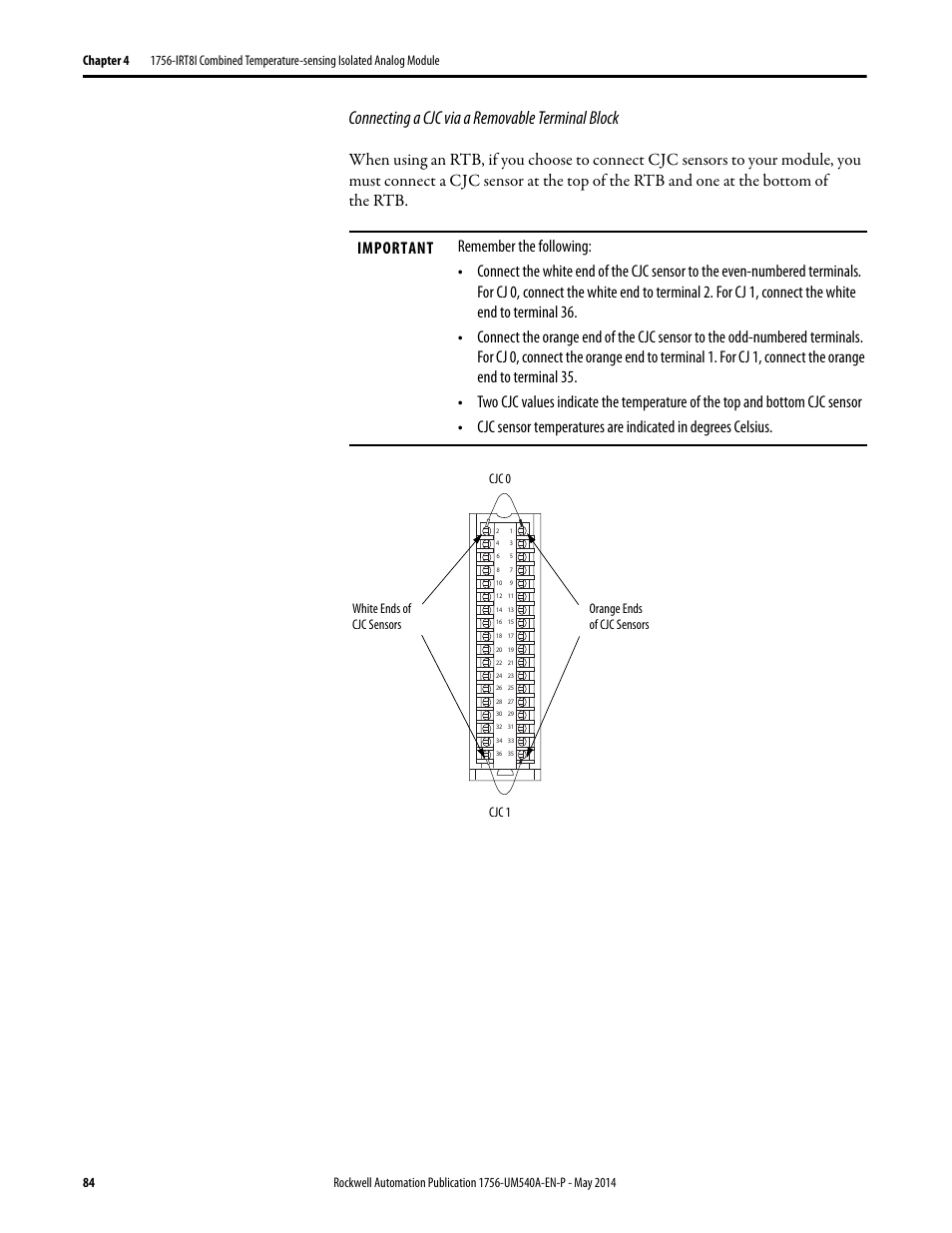 Connecting a cjc via a removable terminal block | Rockwell Automation 1756-OF8I ControlLogix Eight-channel Isolated Analog I/O Modules  User Manual | Page 84 / 208