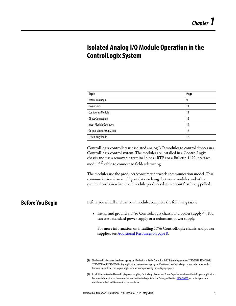 Before you begin, Chapter 1, Chapter | Rockwell Automation 1756-OF8I ControlLogix Eight-channel Isolated Analog I/O Modules  User Manual | Page 9 / 208