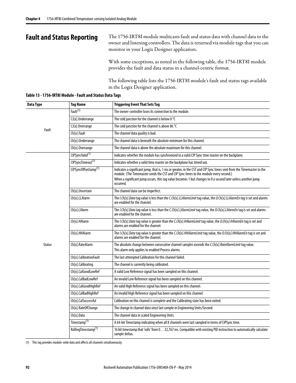 Fault and status reporting | Rockwell Automation 1756-OF8I ControlLogix Eight-channel Isolated Analog I/O Modules  User Manual | Page 92 / 208