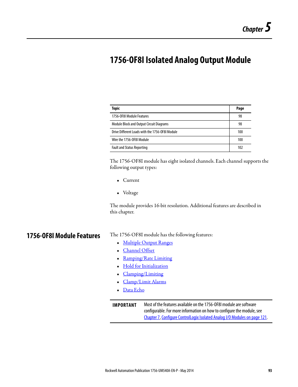 5 - 1756-of8i isolated analog output module, 1756-of8i module features, Chapter 5 | 1756-of8i isolated analog output module, Chapter | Rockwell Automation 1756-OF8I ControlLogix Eight-channel Isolated Analog I/O Modules  User Manual | Page 93 / 208