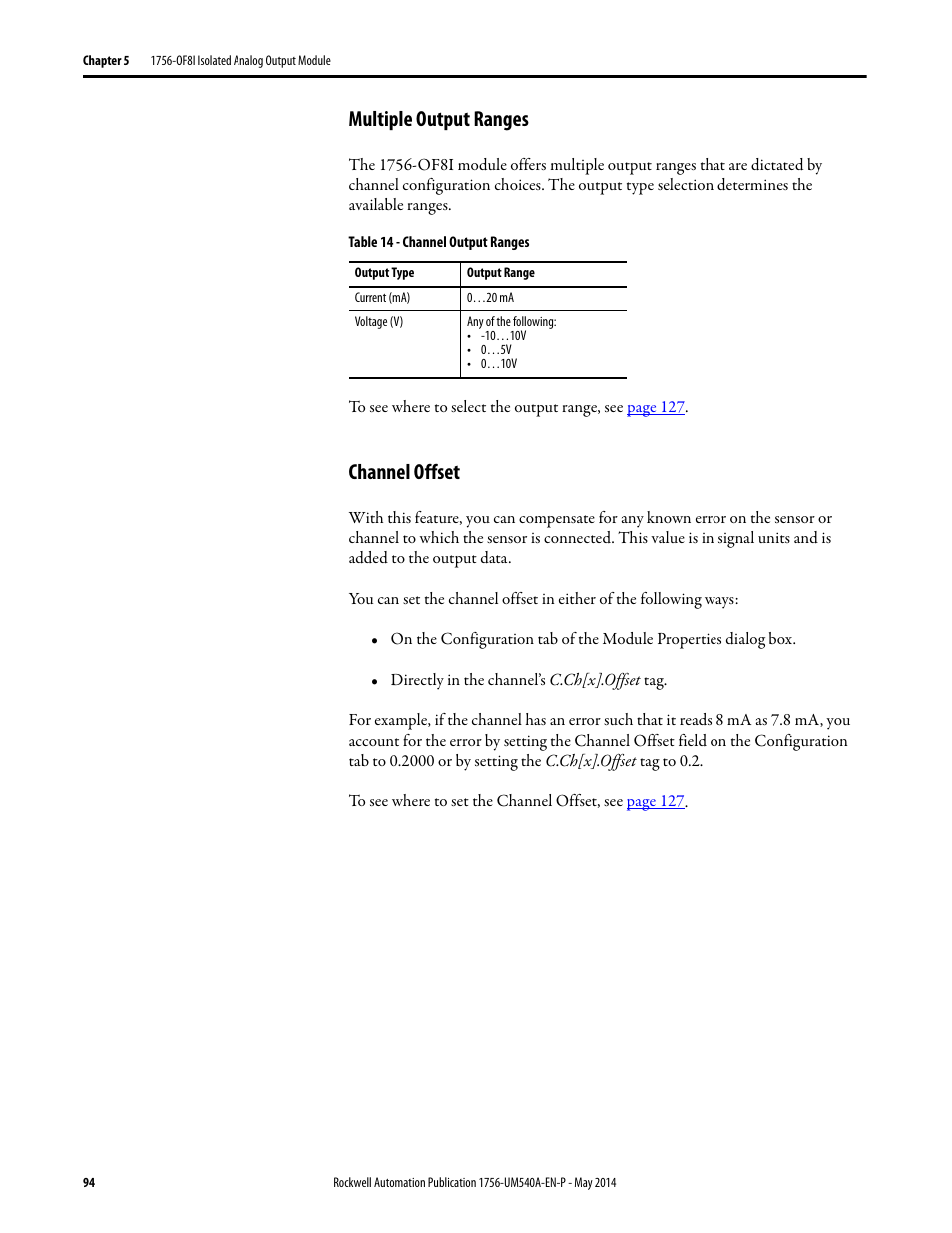 Multiple output ranges, Channel offset, Multiple output ranges channel offset | Rockwell Automation 1756-OF8I ControlLogix Eight-channel Isolated Analog I/O Modules  User Manual | Page 94 / 208