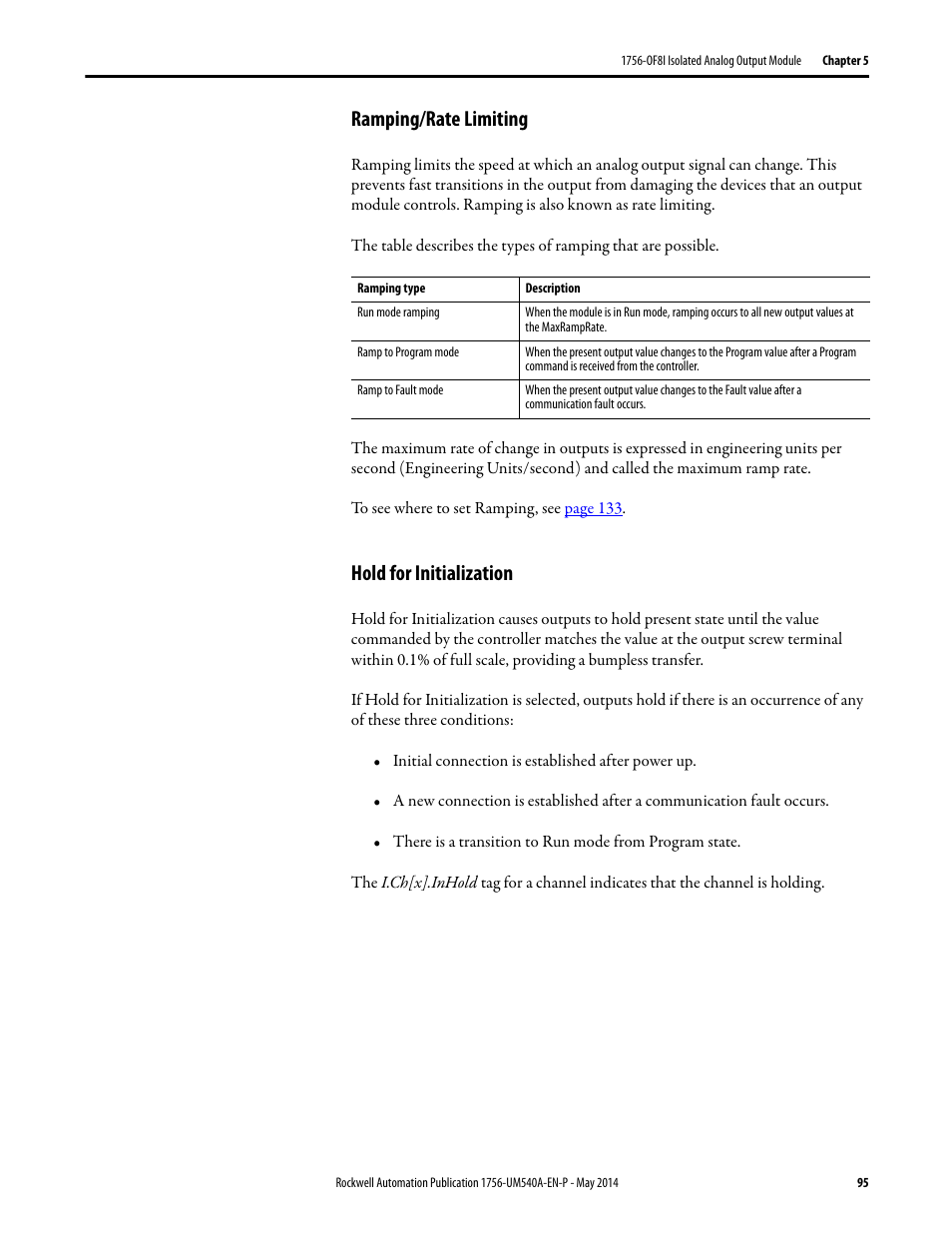 Ramping/rate limiting, Hold for initialization, Ramping/rate limiting hold for initialization | Rockwell Automation 1756-OF8I ControlLogix Eight-channel Isolated Analog I/O Modules  User Manual | Page 95 / 208