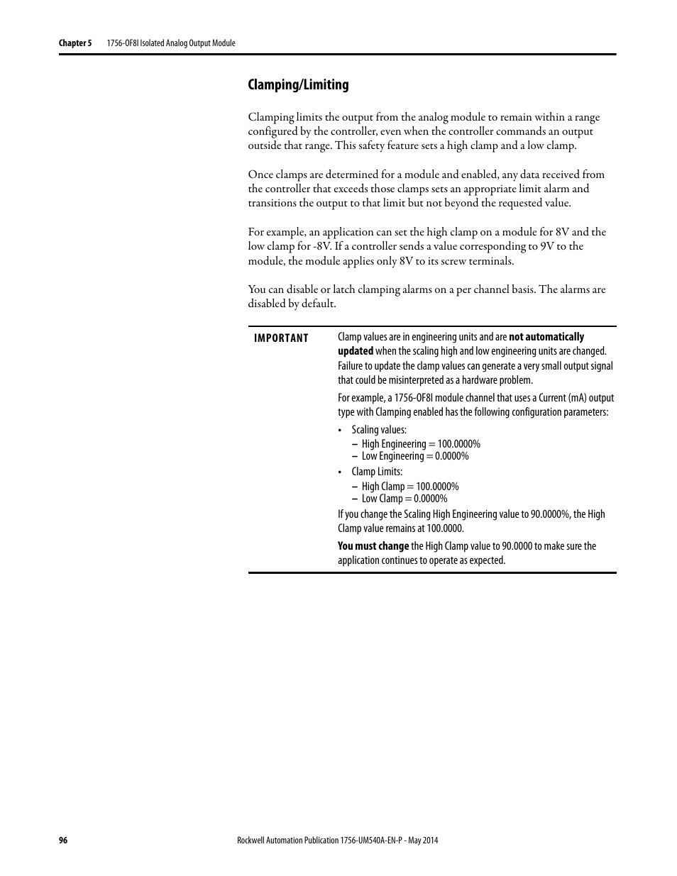 Clamping/limiting | Rockwell Automation 1756-OF8I ControlLogix Eight-channel Isolated Analog I/O Modules  User Manual | Page 96 / 208