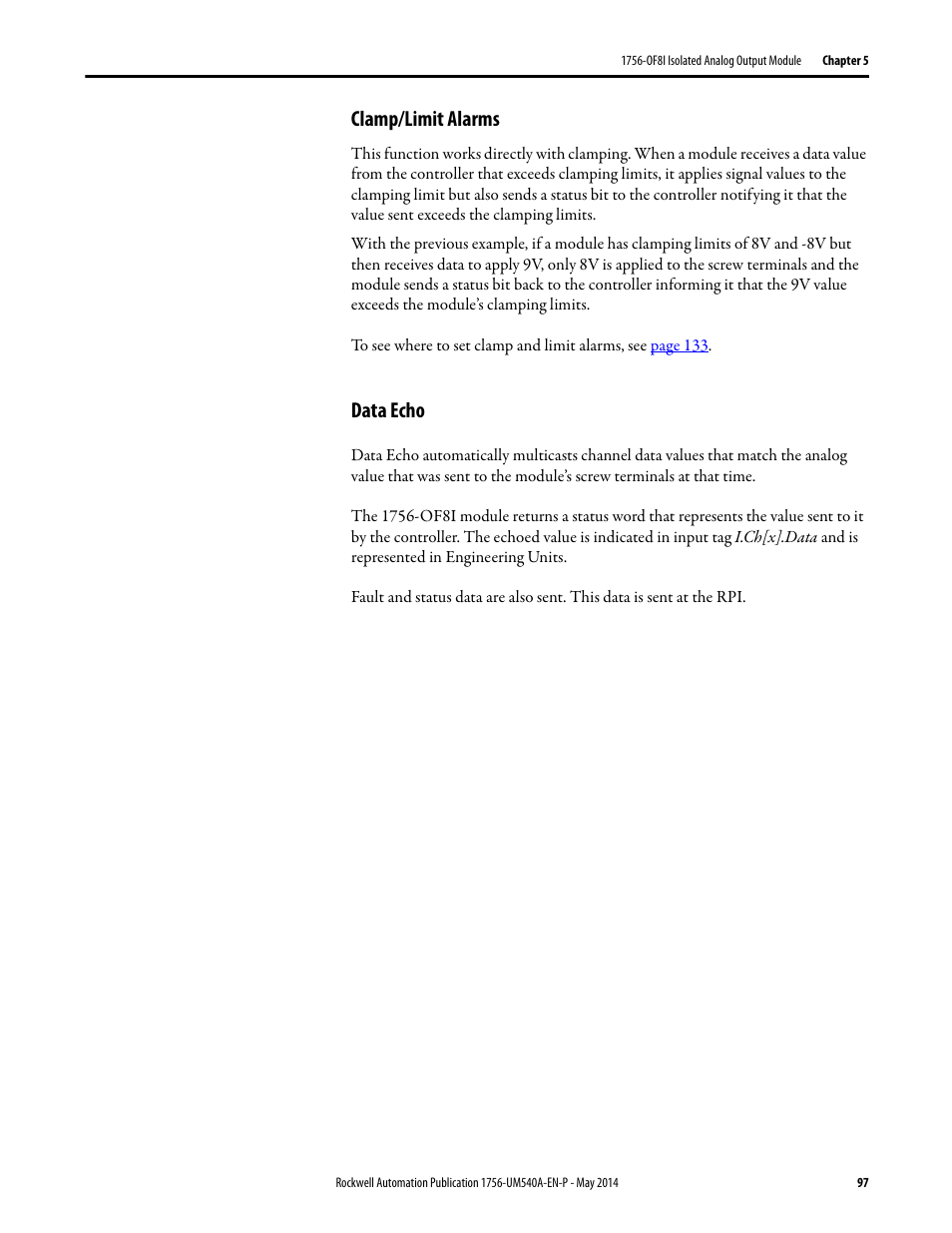 Clamp/limit alarms, Data echo, Clamp/limit alarms data echo | Rockwell Automation 1756-OF8I ControlLogix Eight-channel Isolated Analog I/O Modules  User Manual | Page 97 / 208