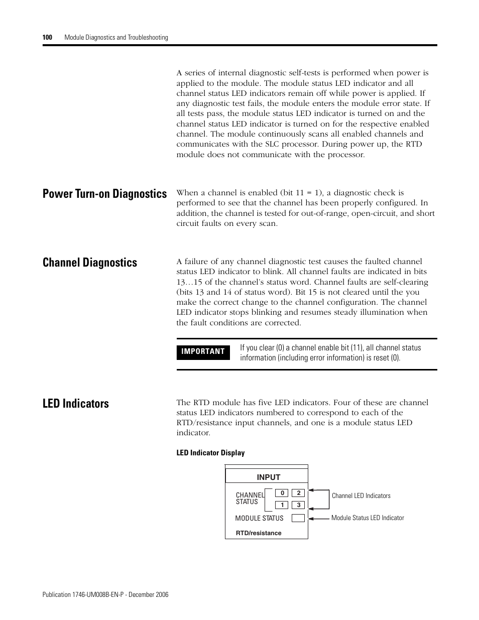 Power turn-on diagnostics, Channel diagnostics, Led indicators | Rockwell Automation 1746-NR4 SLC RTD/Resistance Input Module User Manual User Manual | Page 100 / 148