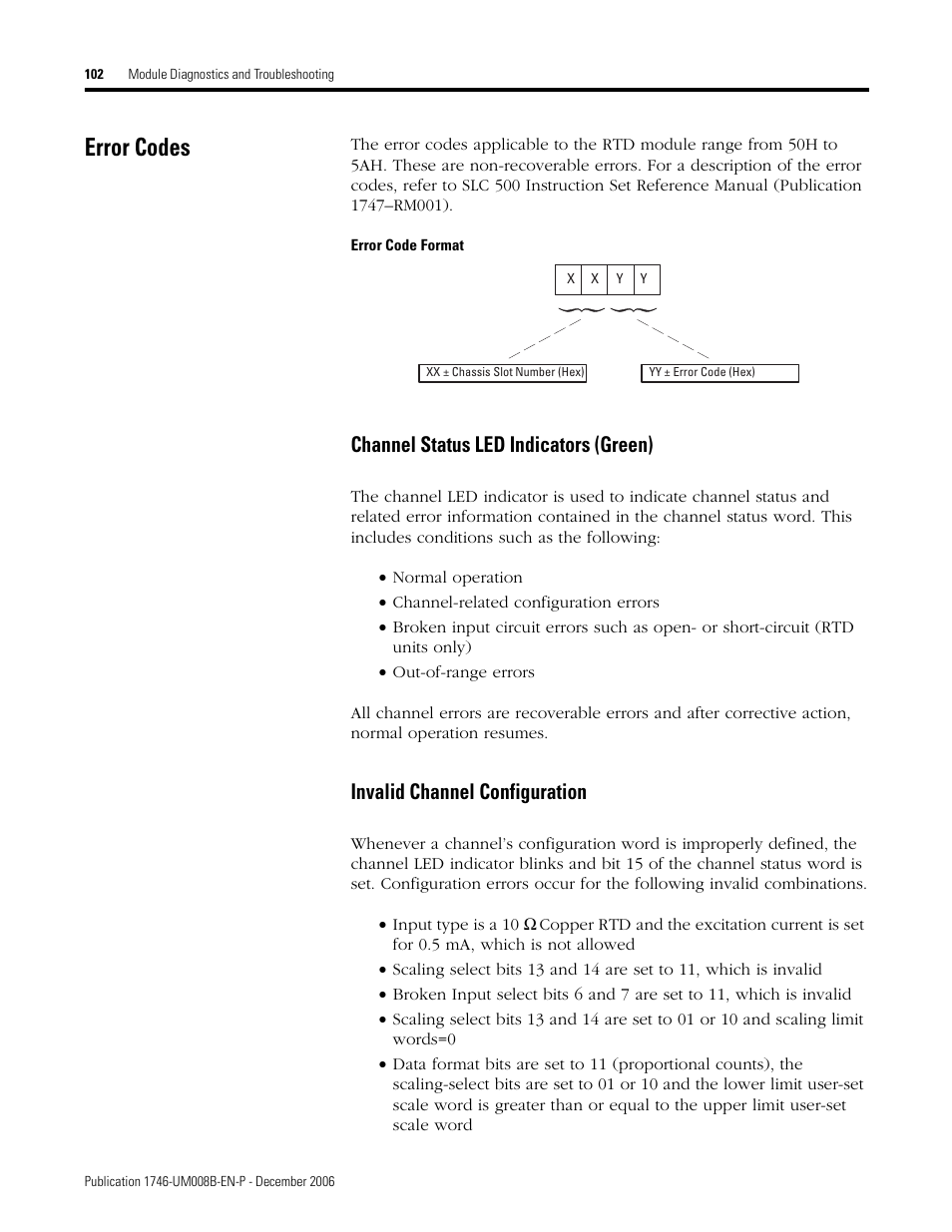 Error codes, Channel status led indicators (green), Invalid channel configuration | Rockwell Automation 1746-NR4 SLC RTD/Resistance Input Module User Manual User Manual | Page 102 / 148