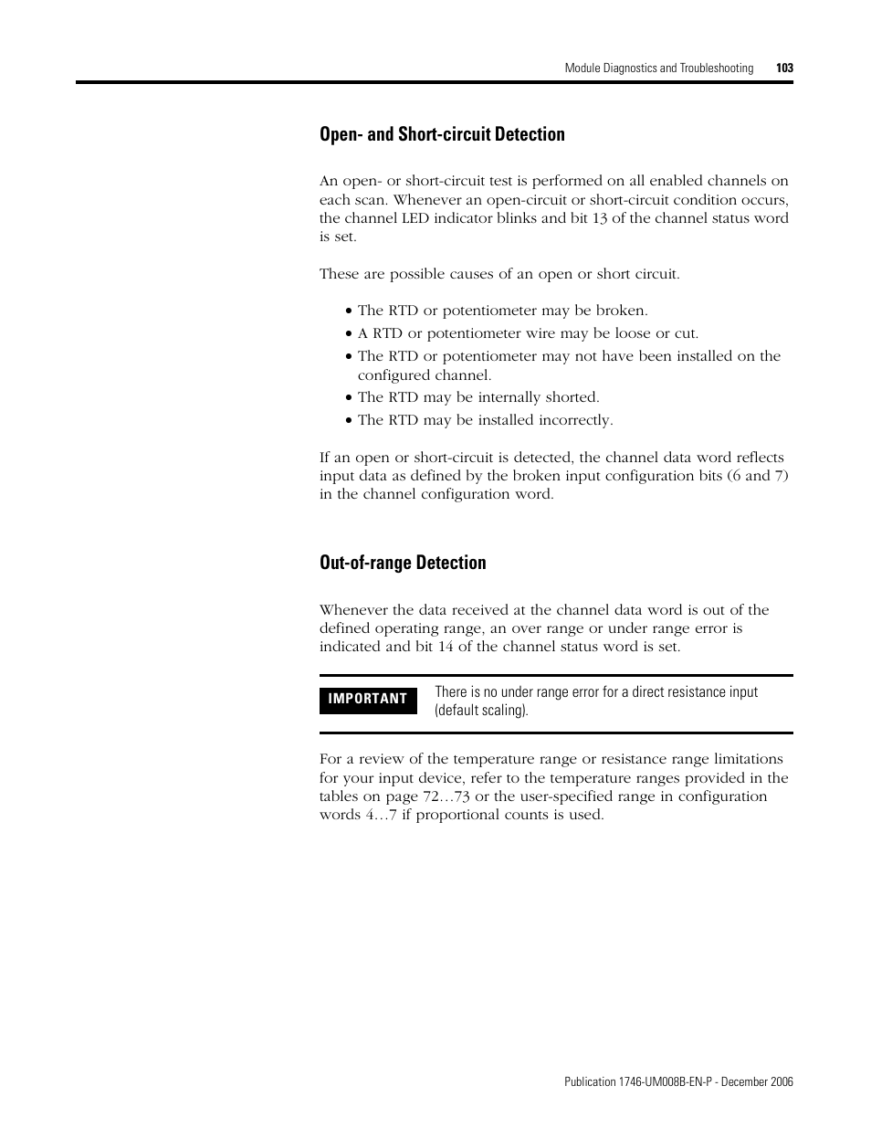 Open- and short-circuit detection, Out-of-range detection | Rockwell Automation 1746-NR4 SLC RTD/Resistance Input Module User Manual User Manual | Page 103 / 148