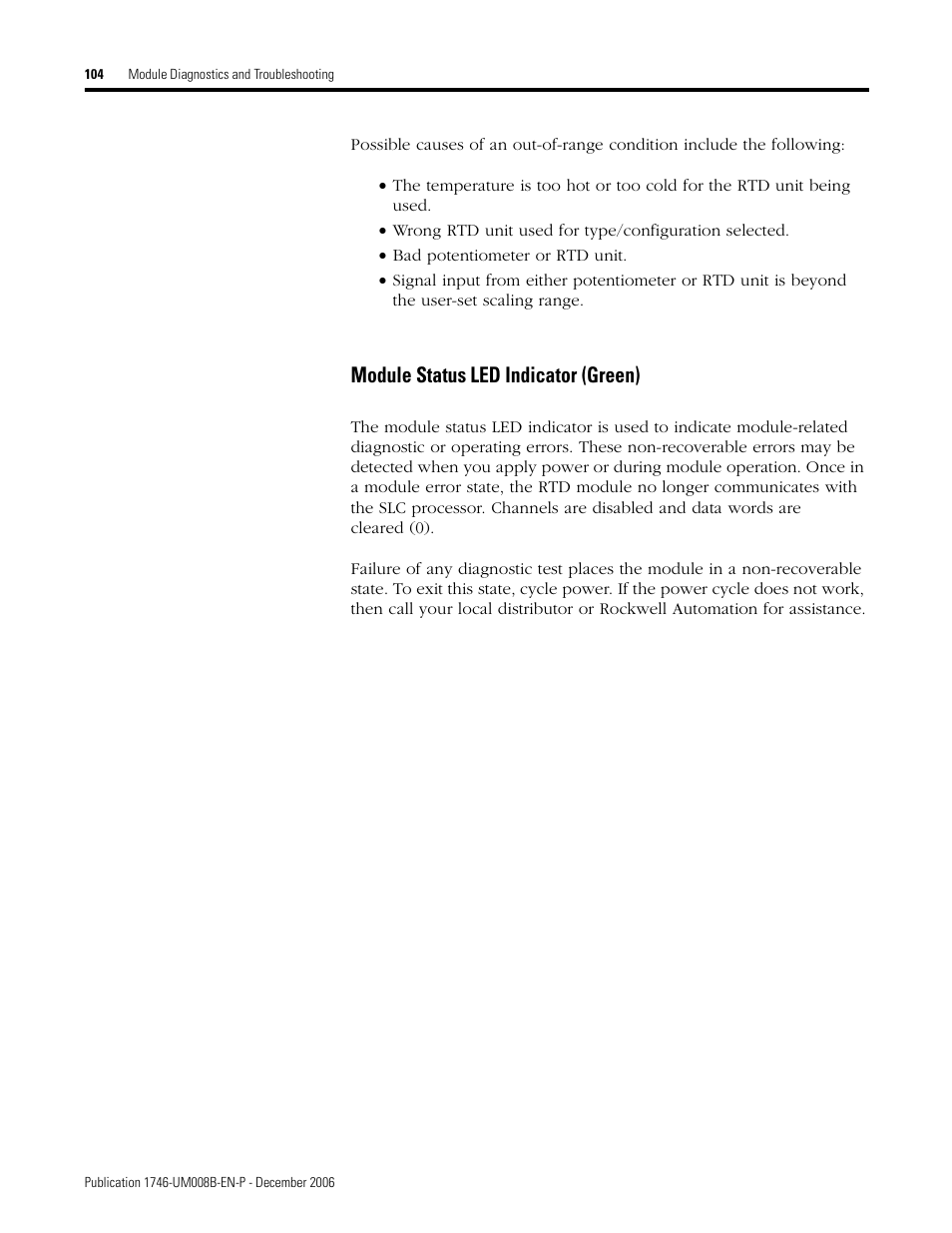 Module status led indicator (green) | Rockwell Automation 1746-NR4 SLC RTD/Resistance Input Module User Manual User Manual | Page 104 / 148