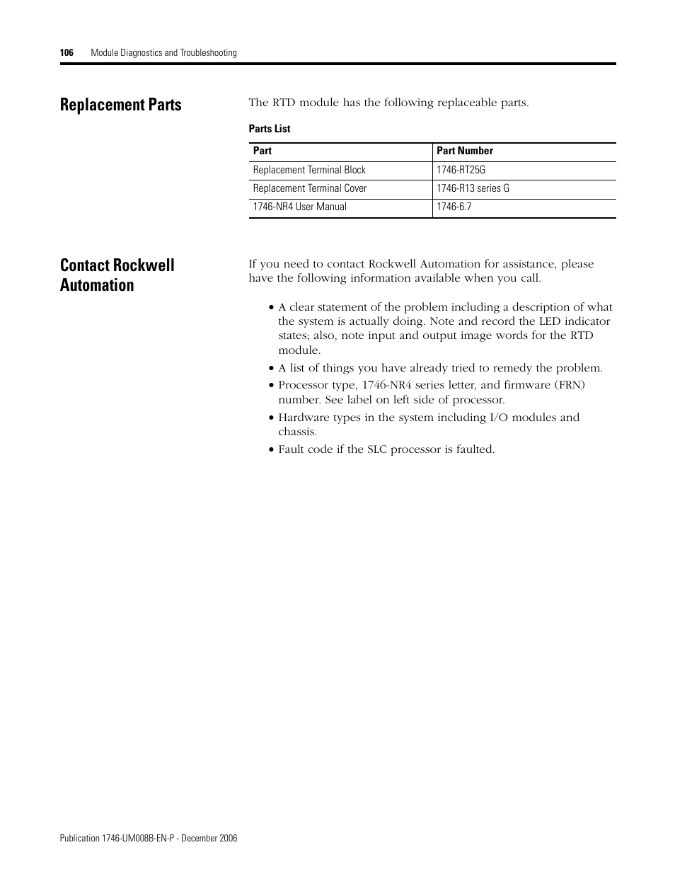 Replacement parts, Contact rockwell automation, Replacement parts contact rockwell automation | Rockwell Automation 1746-NR4 SLC RTD/Resistance Input Module User Manual User Manual | Page 106 / 148