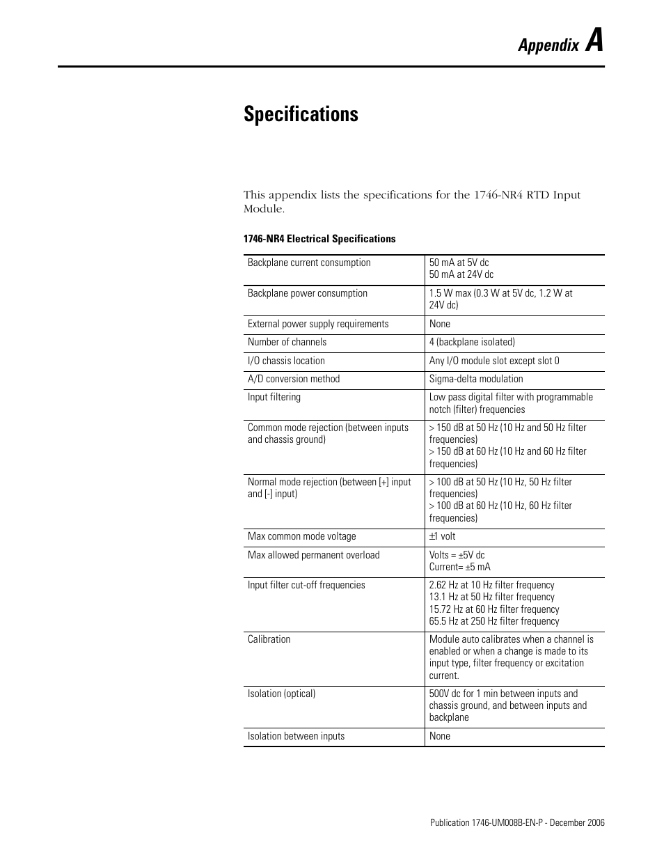 A - specifications, Appendix a, Specifications | Appendix | Rockwell Automation 1746-NR4 SLC RTD/Resistance Input Module User Manual User Manual | Page 117 / 148