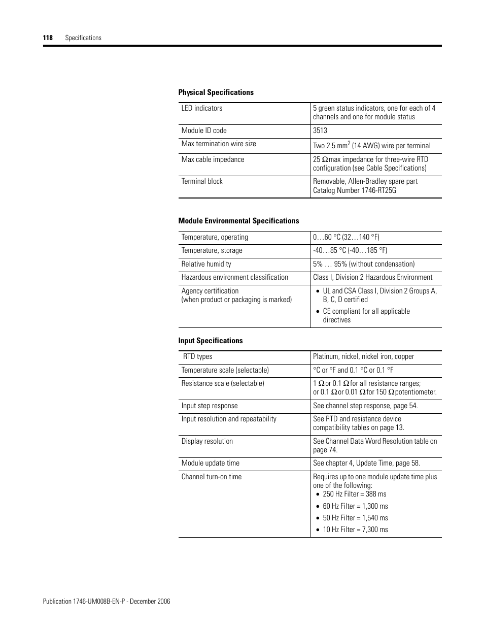 Input specifications t | Rockwell Automation 1746-NR4 SLC RTD/Resistance Input Module User Manual User Manual | Page 118 / 148