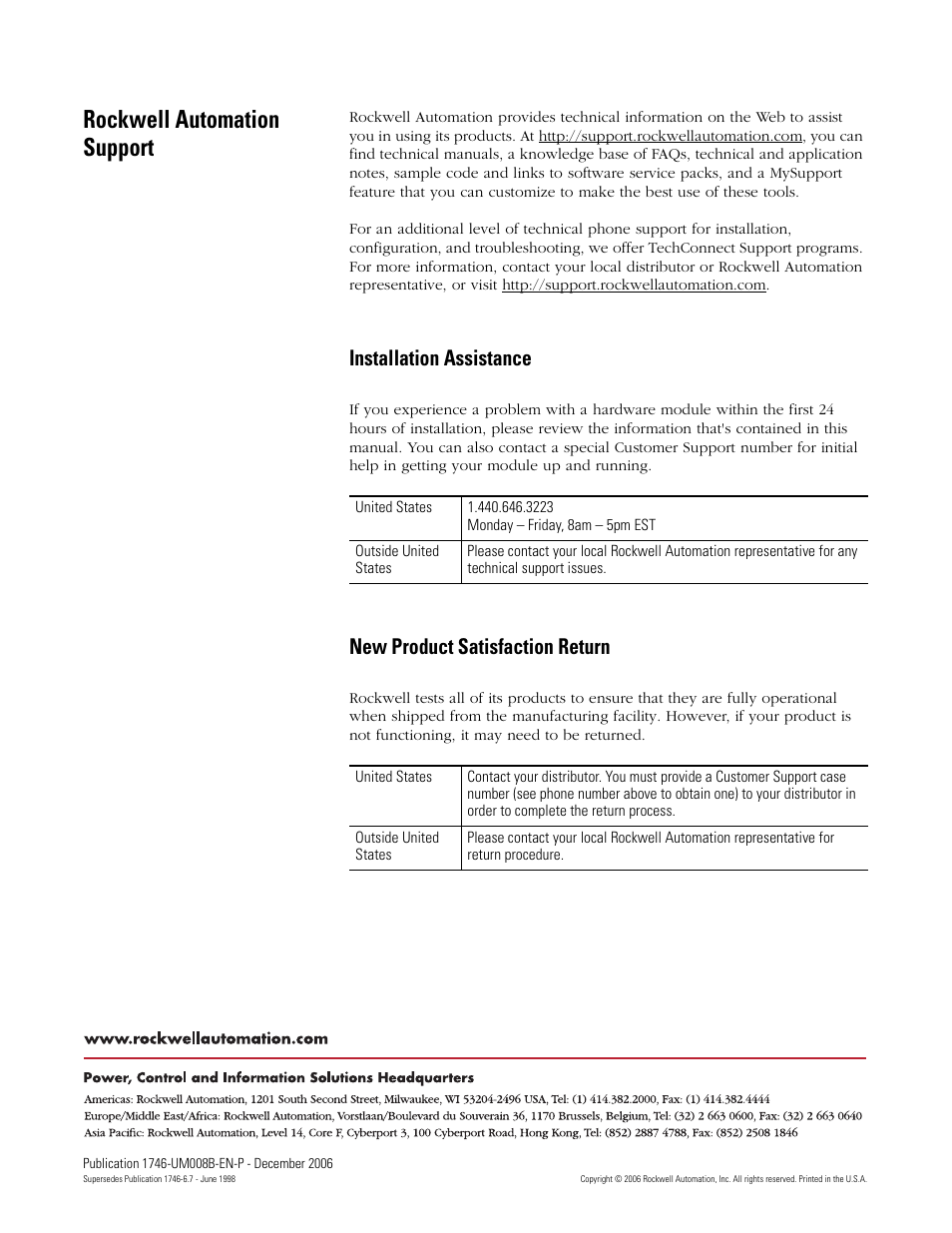 Back cover, Rockwell automation support, Installation assistance | New product satisfaction return | Rockwell Automation 1746-NR4 SLC RTD/Resistance Input Module User Manual User Manual | Page 148 / 148