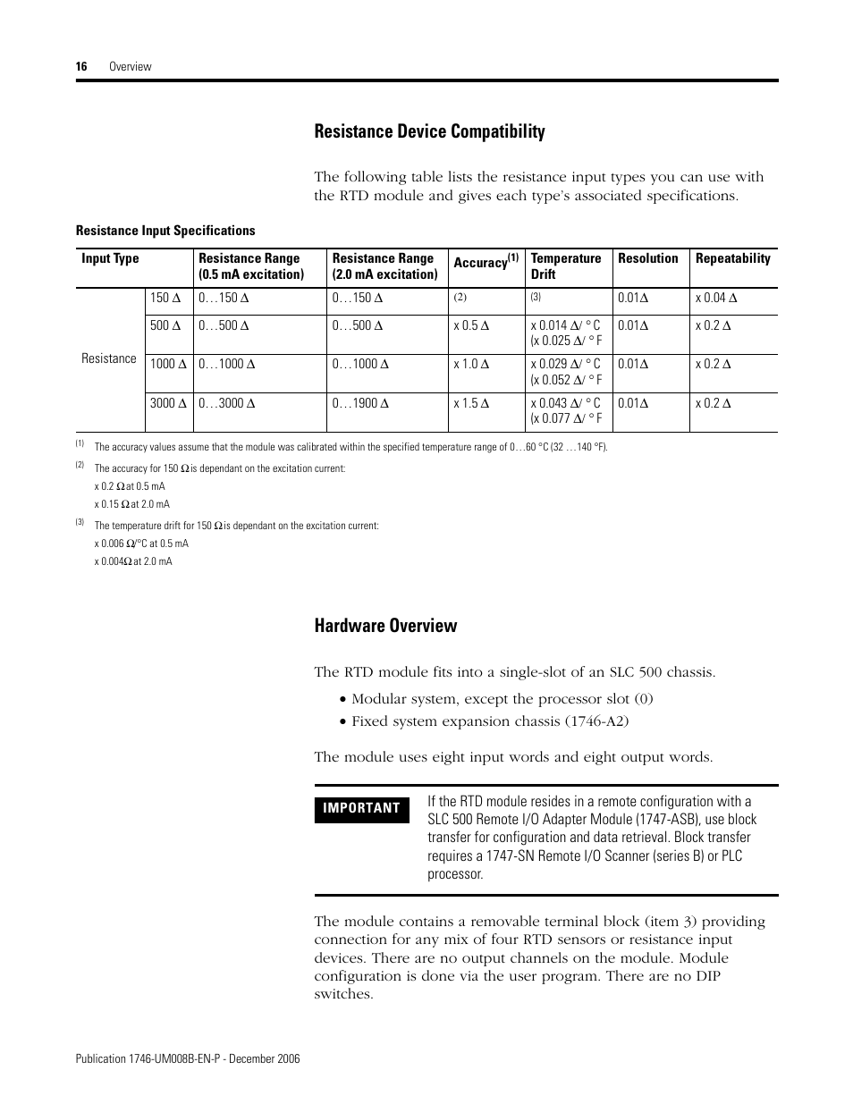 Resistance device compatibility, Hardware overview | Rockwell Automation 1746-NR4 SLC RTD/Resistance Input Module User Manual User Manual | Page 16 / 148