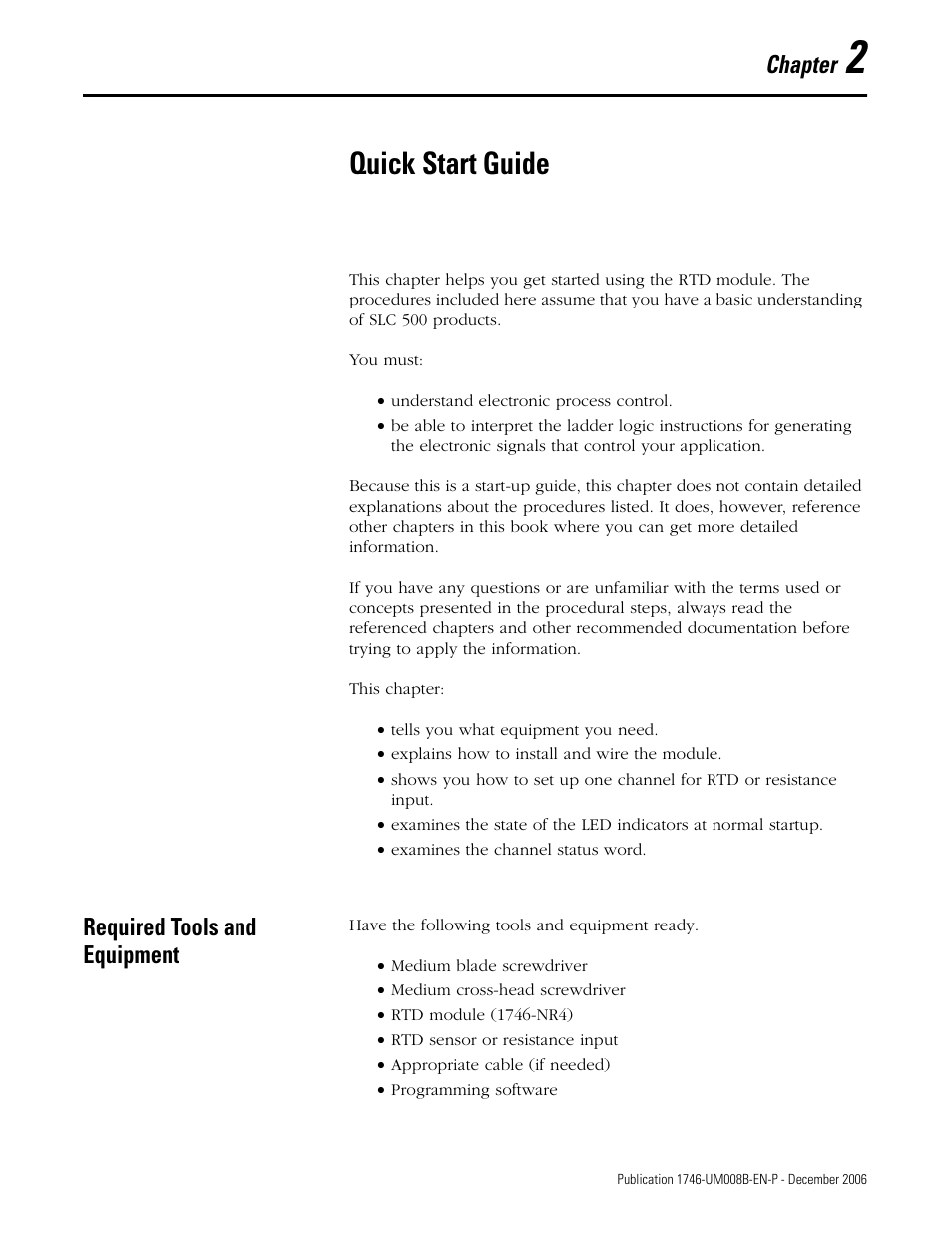 2 - quick start guide, Required tools and equipment, Chapter 2 | Quick start guide, Chapter | Rockwell Automation 1746-NR4 SLC RTD/Resistance Input Module User Manual User Manual | Page 23 / 148