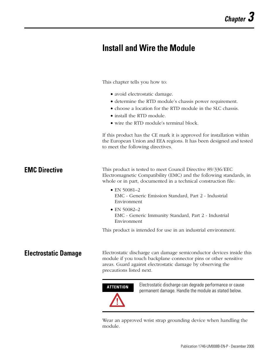 3 - install and wire the module, Emc directive, Electrostatic damage | Chapter 3, Install and wire the module, Emc directive electrostatic damage, Chapter | Rockwell Automation 1746-NR4 SLC RTD/Resistance Input Module User Manual User Manual | Page 33 / 148