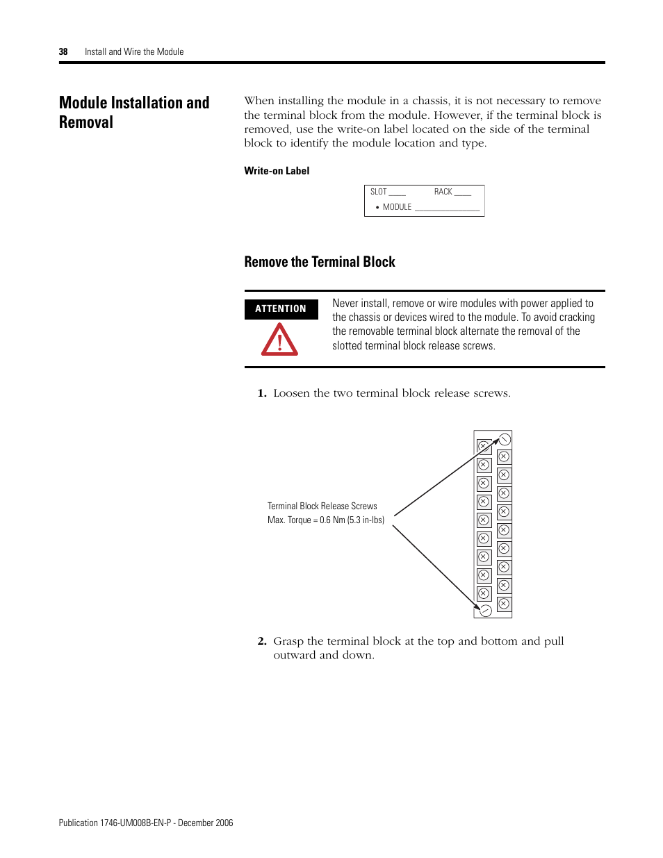 Module installation and removal, Remove the terminal block | Rockwell Automation 1746-NR4 SLC RTD/Resistance Input Module User Manual User Manual | Page 38 / 148