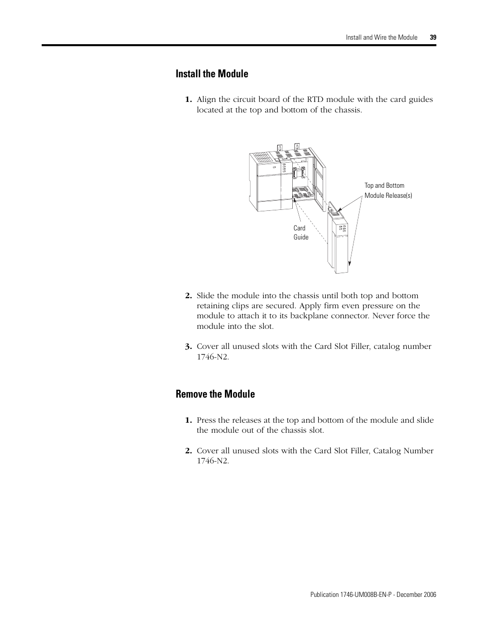 Install the module, Remove the module | Rockwell Automation 1746-NR4 SLC RTD/Resistance Input Module User Manual User Manual | Page 39 / 148