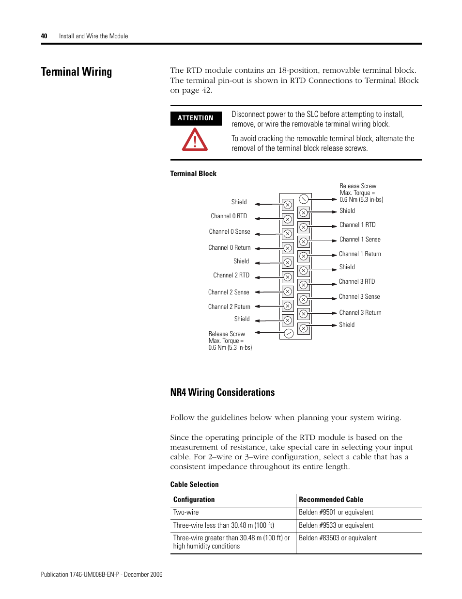 Terminal wiring, Nr4 wiring considerations | Rockwell Automation 1746-NR4 SLC RTD/Resistance Input Module User Manual User Manual | Page 40 / 148