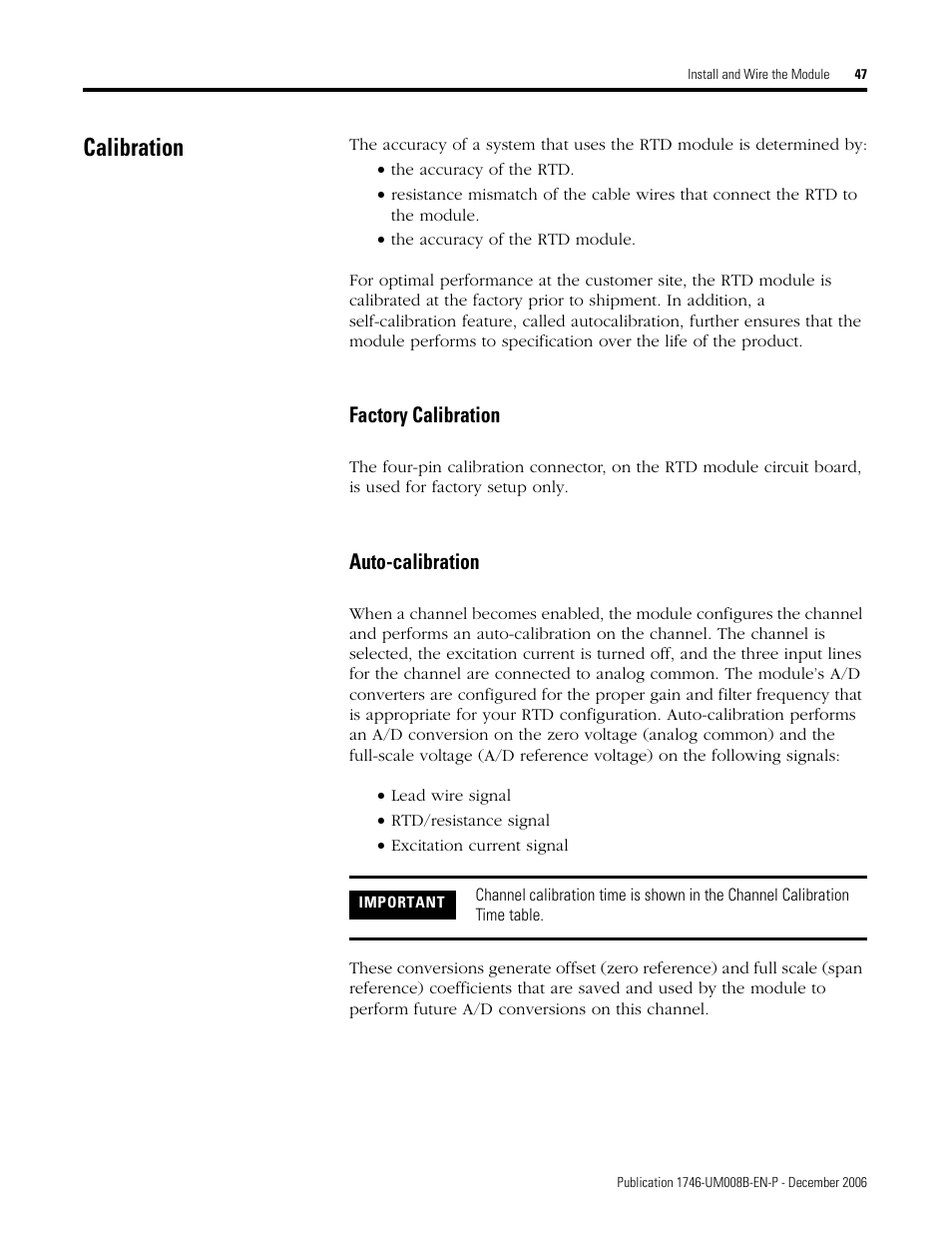 Calibration, Factory calibration, Auto-calibration | Rockwell Automation 1746-NR4 SLC RTD/Resistance Input Module User Manual User Manual | Page 47 / 148