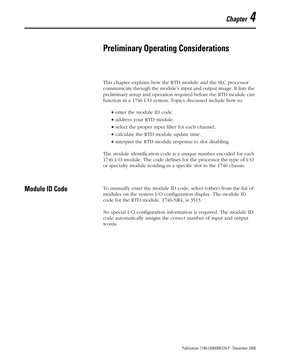 4 - preliminary operating considerations, Module id code, Chapter 4 | Preliminary operating considerations | Rockwell Automation 1746-NR4 SLC RTD/Resistance Input Module User Manual User Manual | Page 51 / 148