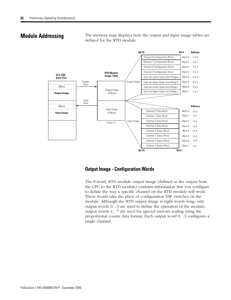 Module addressing, In module addressing, 52 an | Output image - configuration words | Rockwell Automation 1746-NR4 SLC RTD/Resistance Input Module User Manual User Manual | Page 52 / 148