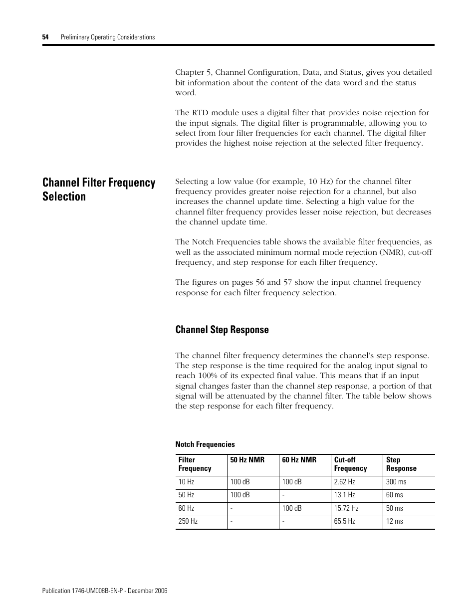 Channel filter frequency selection, Channel step response | Rockwell Automation 1746-NR4 SLC RTD/Resistance Input Module User Manual User Manual | Page 54 / 148