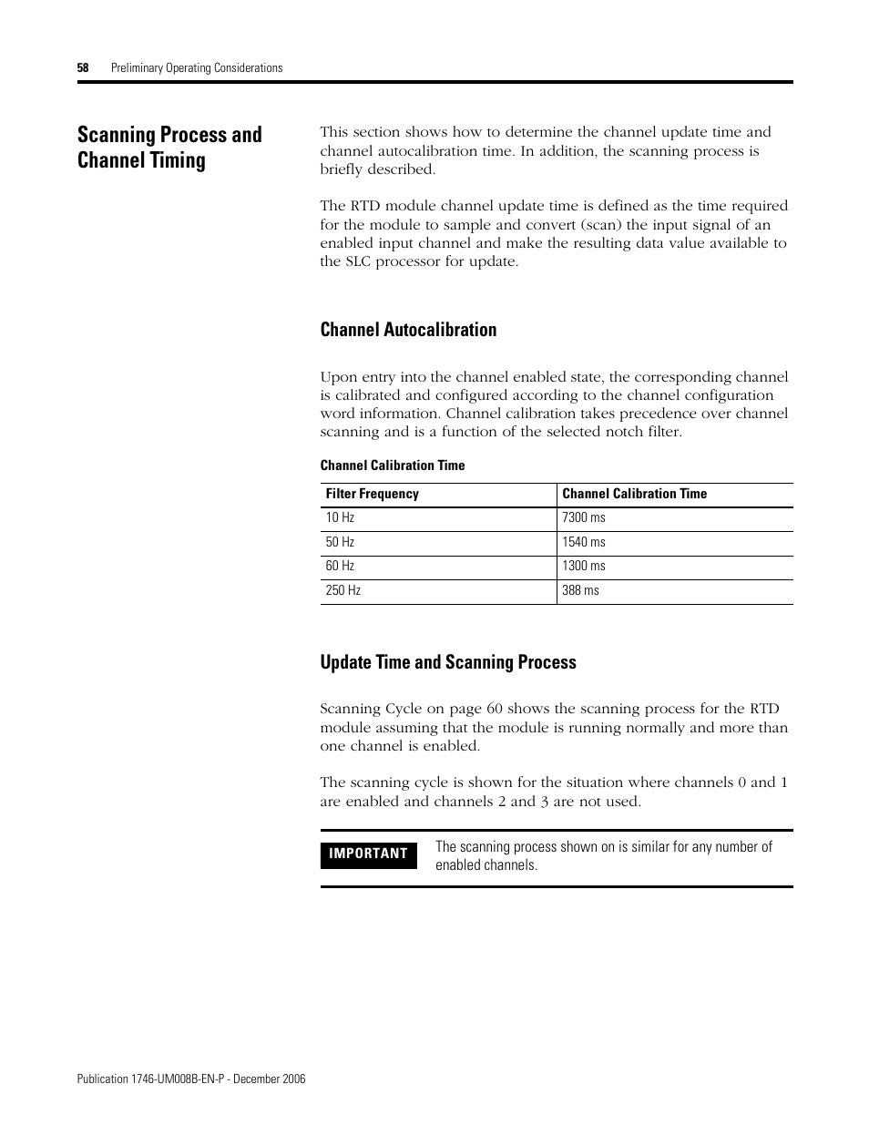 Scanning process and channel timing, Channel autocalibration, Update time and scanning process | Rockwell Automation 1746-NR4 SLC RTD/Resistance Input Module User Manual User Manual | Page 58 / 148