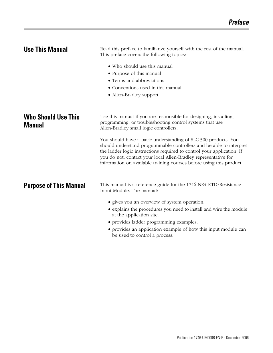 Preface, Use this manual, Who should use this manual | Purpose of this manual, Preface use this manual | Rockwell Automation 1746-NR4 SLC RTD/Resistance Input Module User Manual User Manual | Page 7 / 148