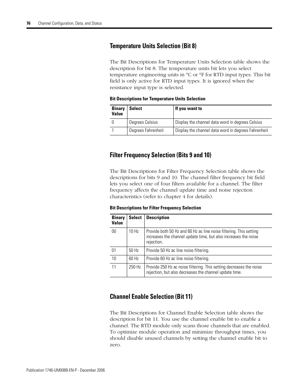 Temperature units selection (bit 8), Filter frequency selection (bits 9 and 10), Channel enable selection (bit 11) | Rockwell Automation 1746-NR4 SLC RTD/Resistance Input Module User Manual User Manual | Page 76 / 148