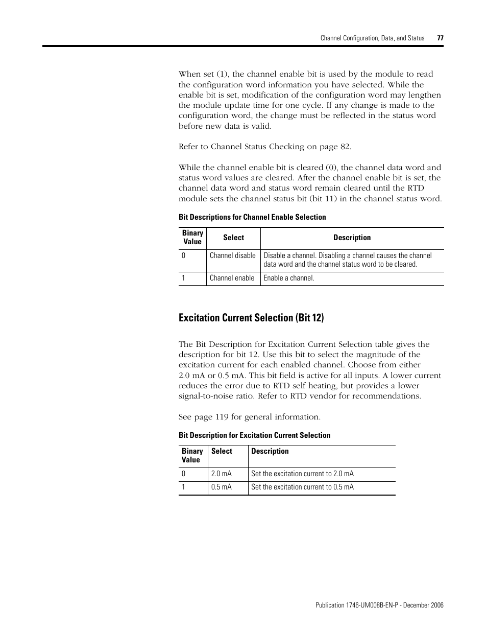 Excitation current selection (bit 12) | Rockwell Automation 1746-NR4 SLC RTD/Resistance Input Module User Manual User Manual | Page 77 / 148