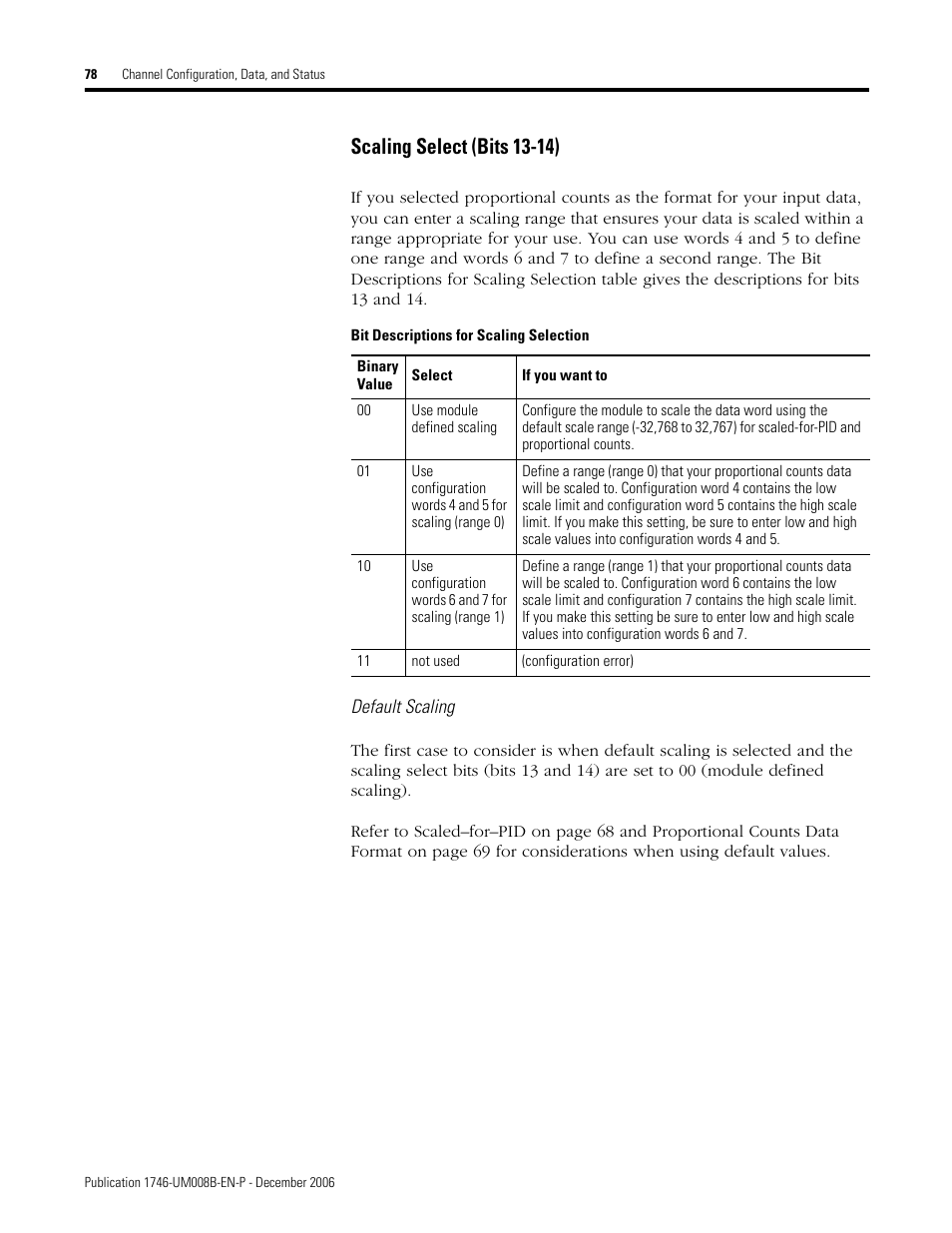 E scaling select (bits 13-14), Scaling select (bits 13-14) | Rockwell Automation 1746-NR4 SLC RTD/Resistance Input Module User Manual User Manual | Page 78 / 148
