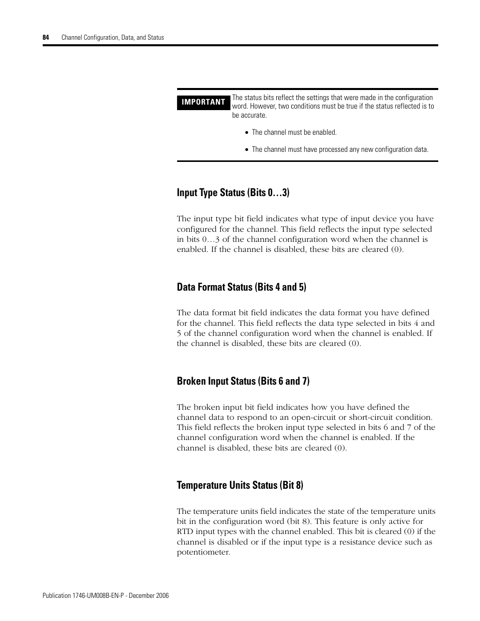 Input type status (bits 0…3), Data format status (bits 4 and 5), Broken input status (bits 6 and 7) | Temperature units status (bit 8) | Rockwell Automation 1746-NR4 SLC RTD/Resistance Input Module User Manual User Manual | Page 84 / 148