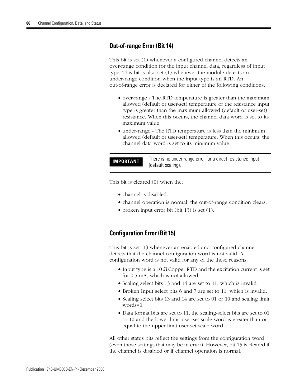 Out-of-range error (bit 14), Configuration error (bit 15) | Rockwell Automation 1746-NR4 SLC RTD/Resistance Input Module User Manual User Manual | Page 86 / 148