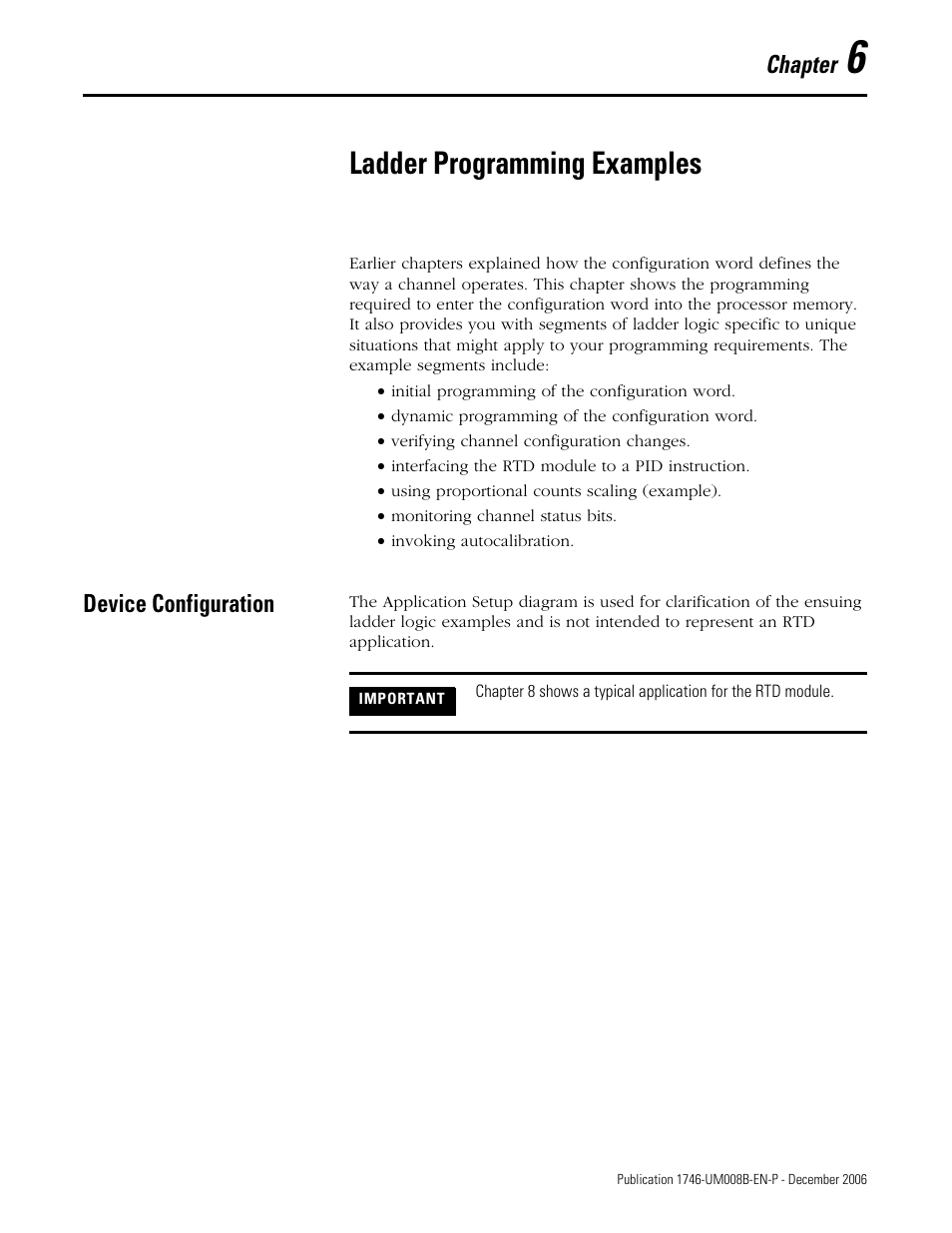 6 - ladder programming examples, Device configuration, Chapter 6 | Ladder programming examples | Rockwell Automation 1746-NR4 SLC RTD/Resistance Input Module User Manual User Manual | Page 87 / 148