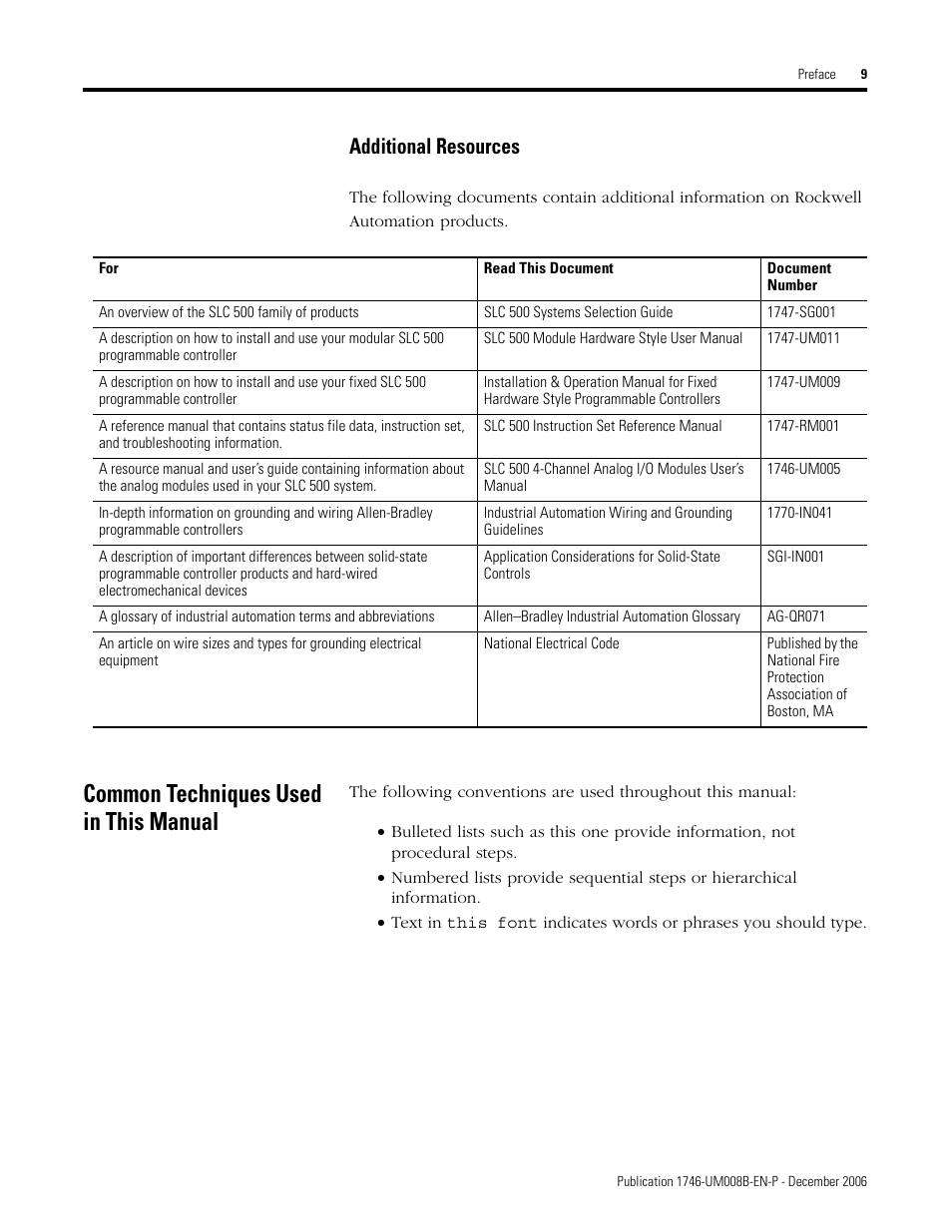 Common techniques used in this manual, Additional resources | Rockwell Automation 1746-NR4 SLC RTD/Resistance Input Module User Manual User Manual | Page 9 / 148