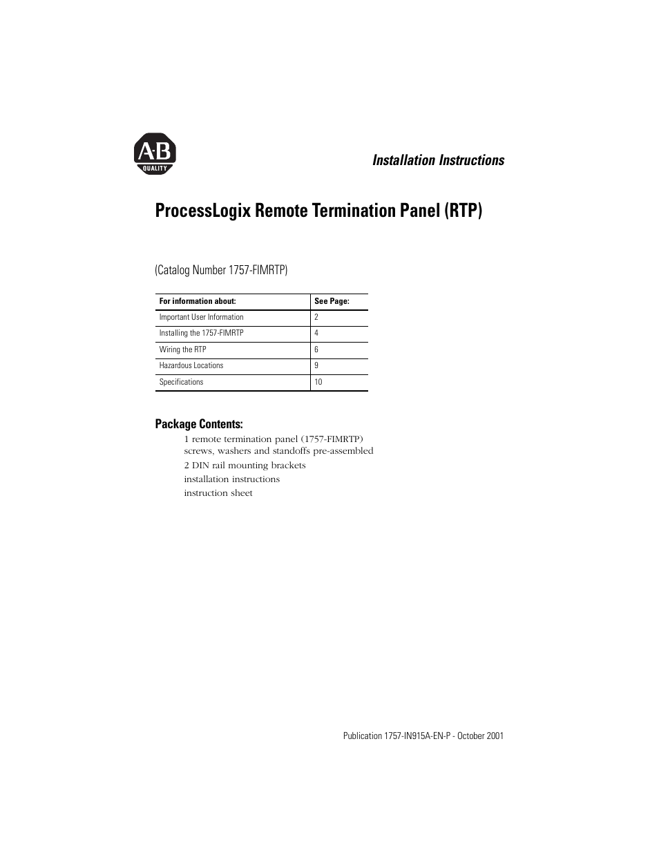 Rockwell Automation 1757-FIMRTP ProcessLogix Remote Termination Panel (RTP) Installation Instructions User Manual | 12 pages