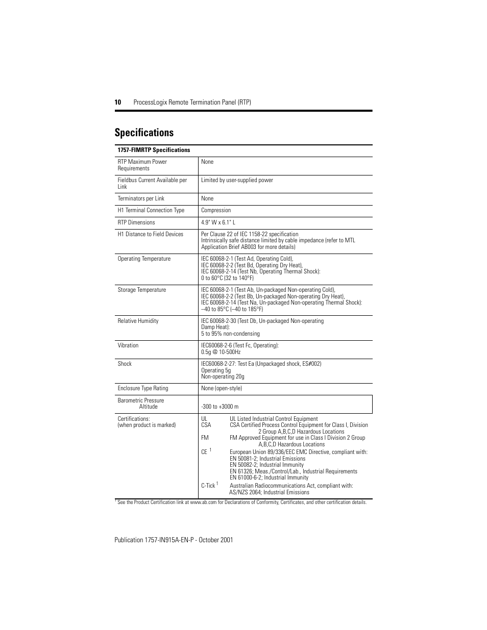 Specifications | Rockwell Automation 1757-FIMRTP ProcessLogix Remote Termination Panel (RTP) Installation Instructions User Manual | Page 10 / 12
