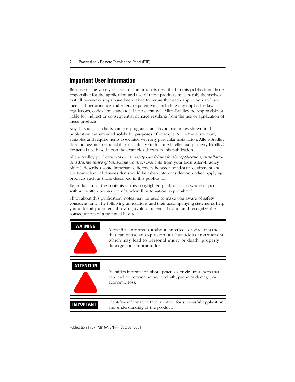 Important user information | Rockwell Automation 1757-FIMRTP ProcessLogix Remote Termination Panel (RTP) Installation Instructions User Manual | Page 2 / 12