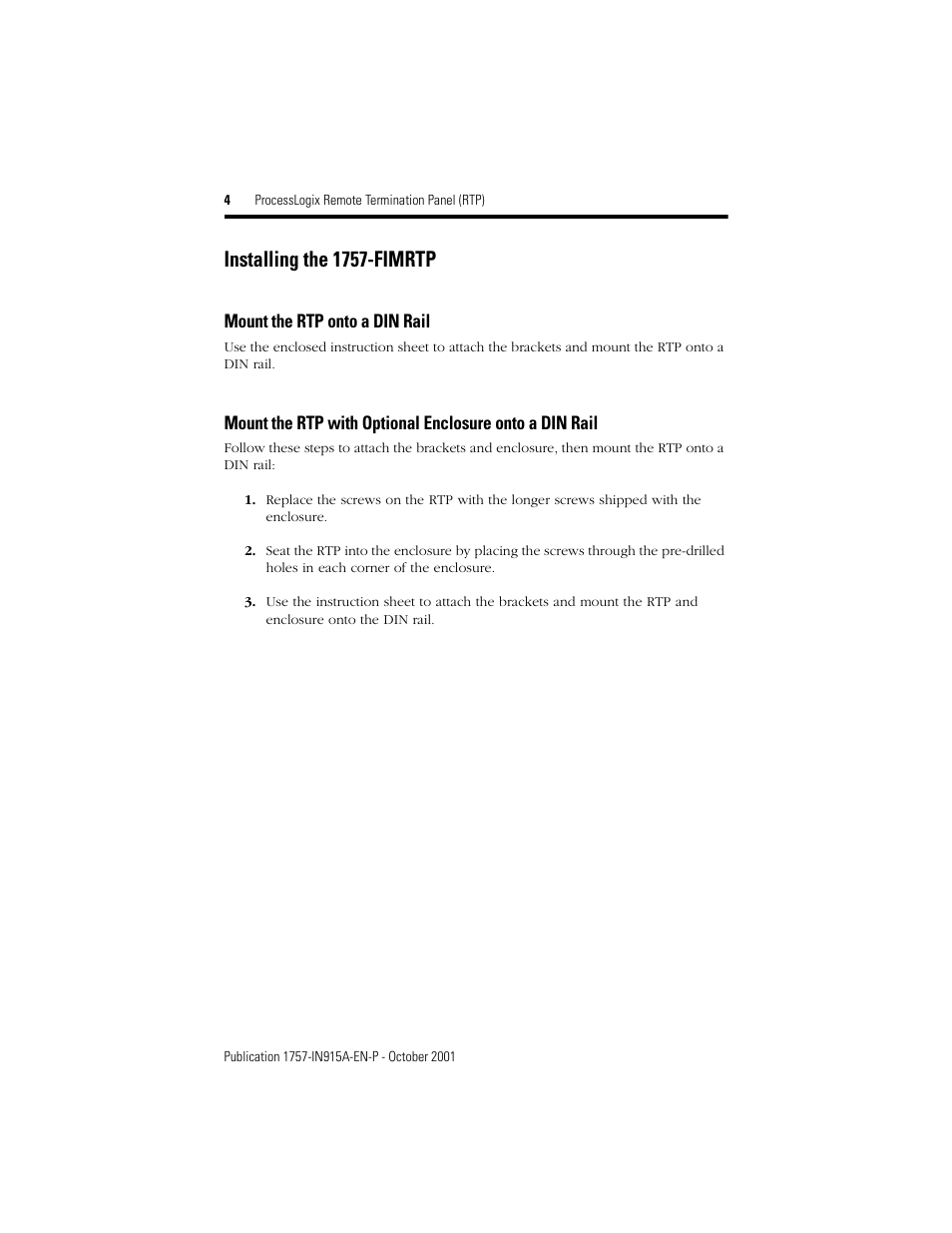 Installing the 1757-fimrtp | Rockwell Automation 1757-FIMRTP ProcessLogix Remote Termination Panel (RTP) Installation Instructions User Manual | Page 4 / 12