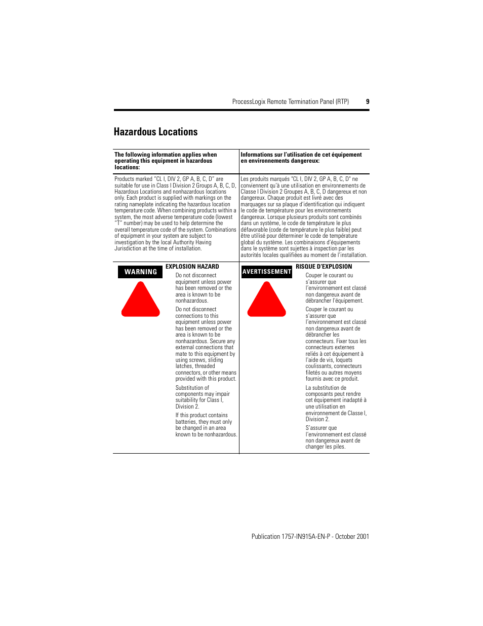 Hazardous locations | Rockwell Automation 1757-FIMRTP ProcessLogix Remote Termination Panel (RTP) Installation Instructions User Manual | Page 9 / 12