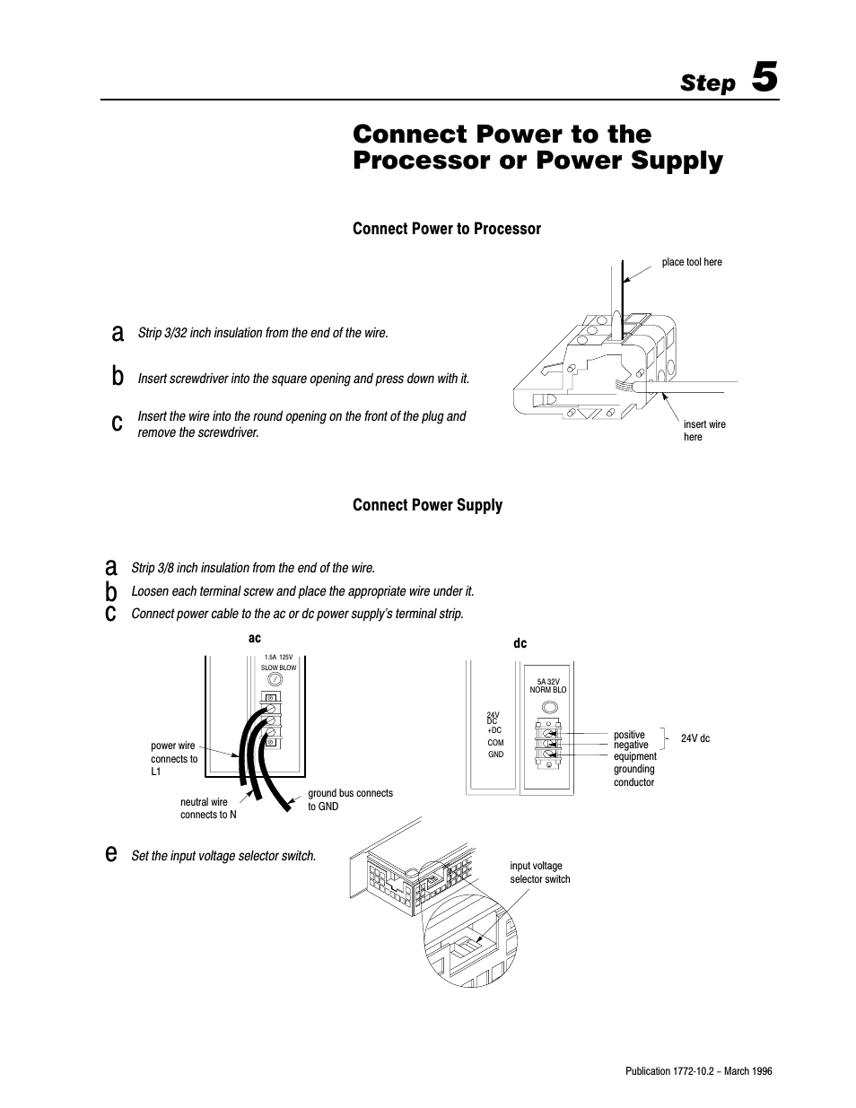 1772-10.2, 5 - make power connections, Connect power to the processor or power supply, Step | Rockwell Automation 1772-MJ DATA MINI-PLC-2 FAM.PROG.CONTR User Manual | Page 12 / 17