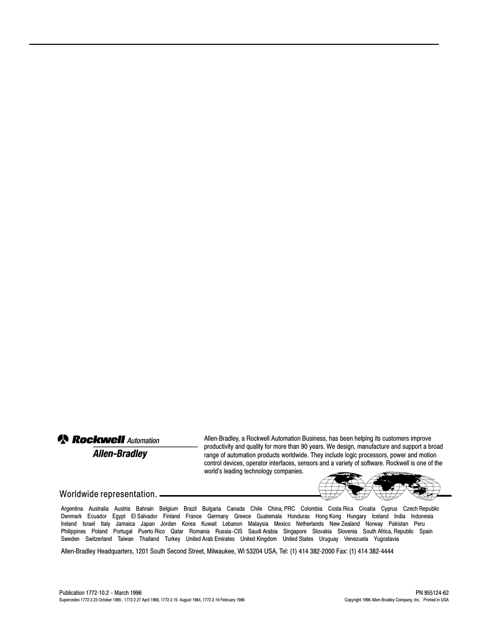 1772-10.2, back cover, Worldwide representation | Rockwell Automation 1772-MJ DATA MINI-PLC-2 FAM.PROG.CONTR User Manual | Page 17 / 17