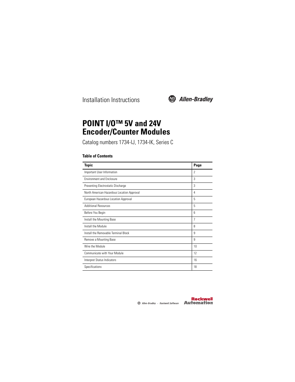 Rockwell Automation 1734-IK/C POINT I/O 5V and 24V Encoder/Counter Module Installation Instructions User Manual | 24 pages