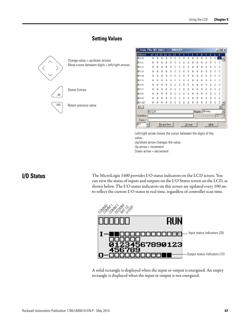 Setting values, I/o status, See i/o status on | Rockwell Automation 1766-Lxxxx MicroLogix 1400 Programmable Controllers User Manual User Manual | Page 109 / 406