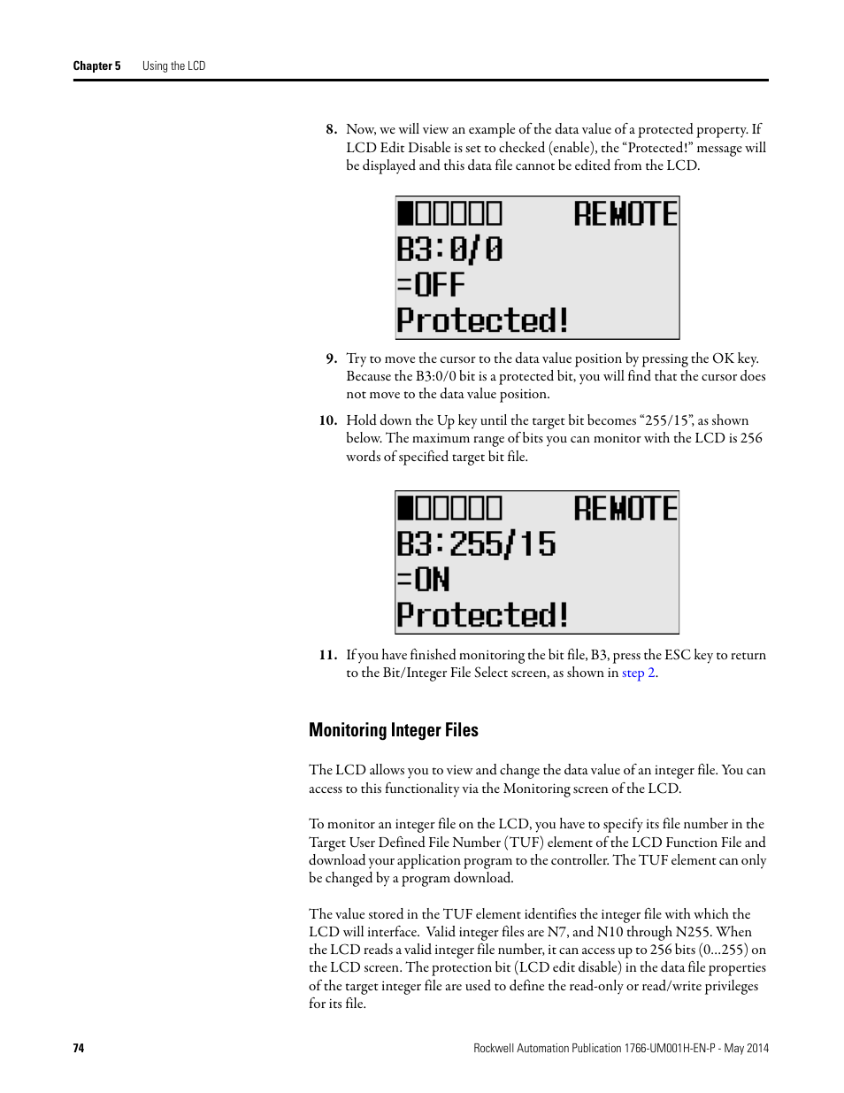 Monitoring integer files | Rockwell Automation 1766-Lxxxx MicroLogix 1400 Programmable Controllers User Manual User Manual | Page 116 / 406