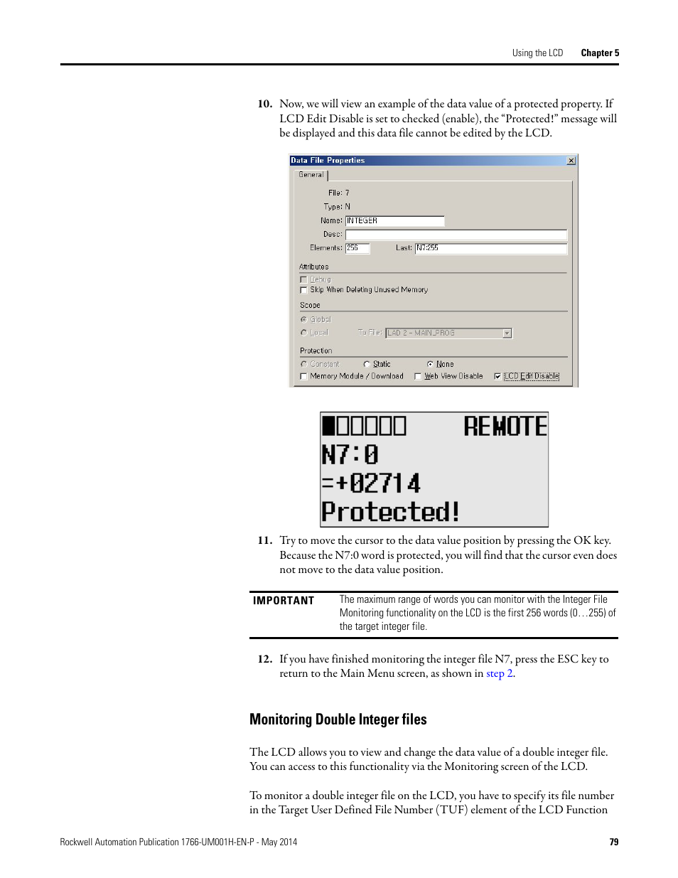 Monitoring double integer files | Rockwell Automation 1766-Lxxxx MicroLogix 1400 Programmable Controllers User Manual User Manual | Page 121 / 406