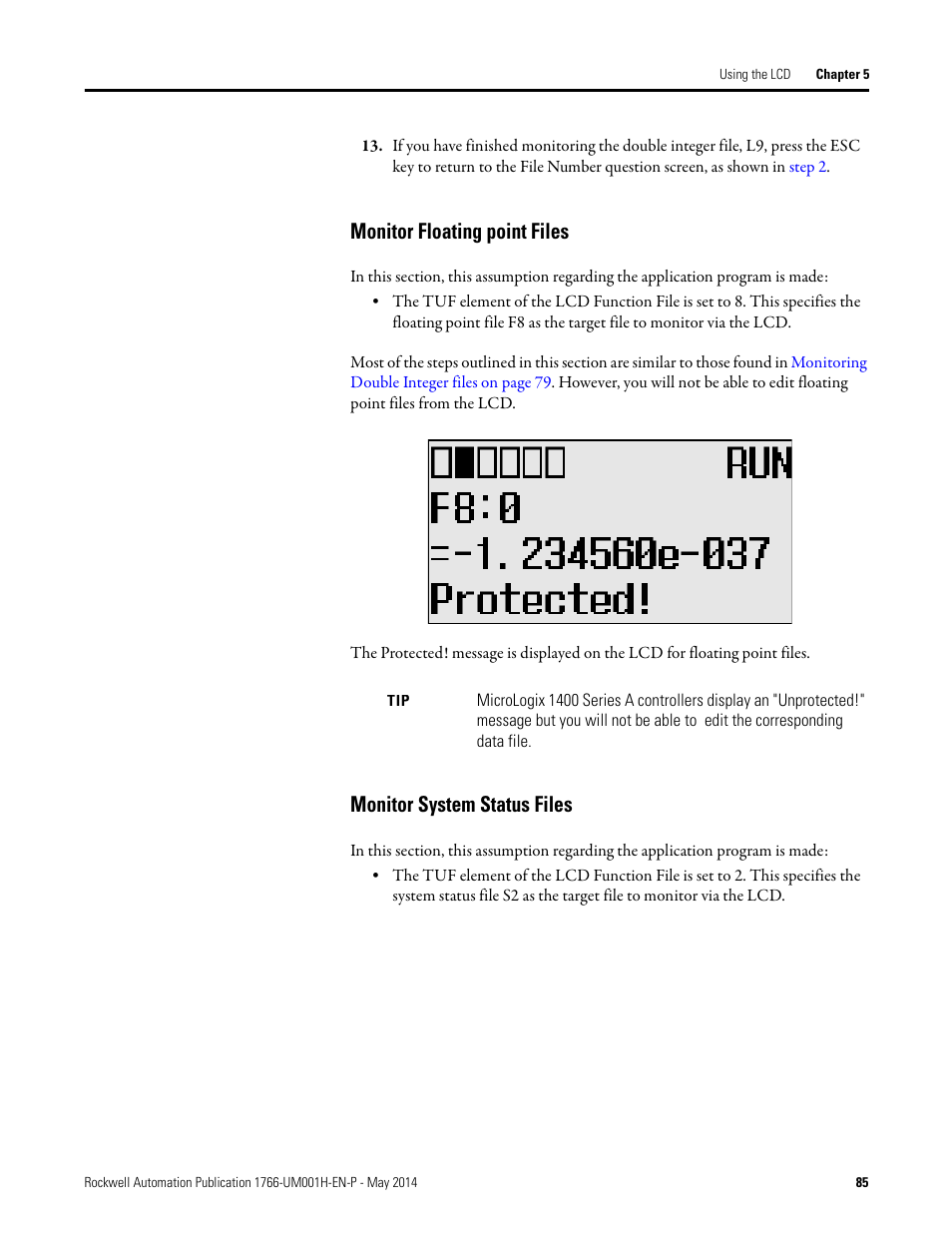 Monitor floating point files, Monitor system status files | Rockwell Automation 1766-Lxxxx MicroLogix 1400 Programmable Controllers User Manual User Manual | Page 127 / 406